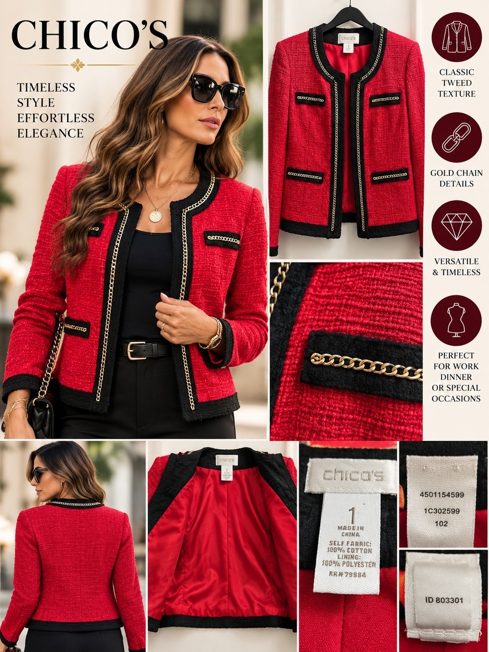 Chico’s Red Black Tweed Bouclé Gold Chain Jacket Size 1 M